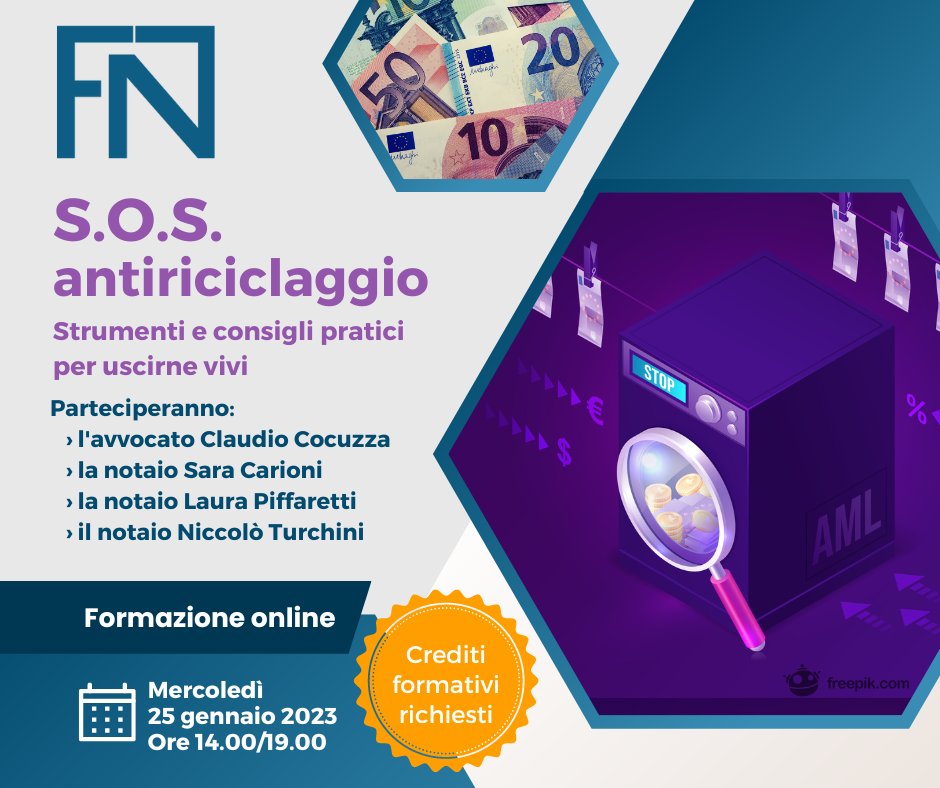 Federnotai1's tweet photo. 🆕 Va arricchendosi il panel dei relatori del corso di formazione #AML di #Federnotai, che vedrà la partecipazione anche della notaio Laura Piffaretti, affiancata dai notai Sara Carioni e Niccolò Turchini e dall’avvocato Claudio Cocuzza.
Per iscriversi: https://t.co/4zf0oRmEgE https://t.co/qf6wxfmmWt