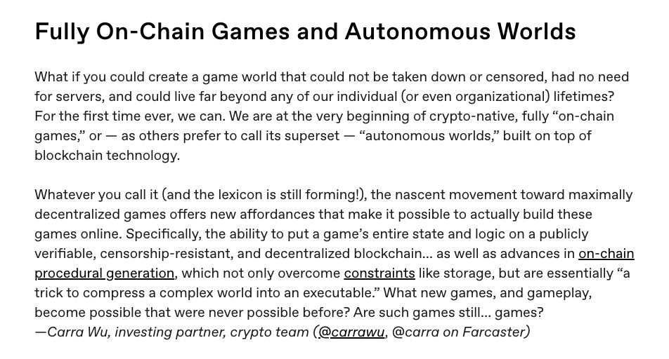 carrawu's tweet photo. Big Idea For 2023: Fully On-Chain Games / Autonomous Worlds

https://t.co/Tr2nfdosOD https://t.co/vVtZx3Dui1
