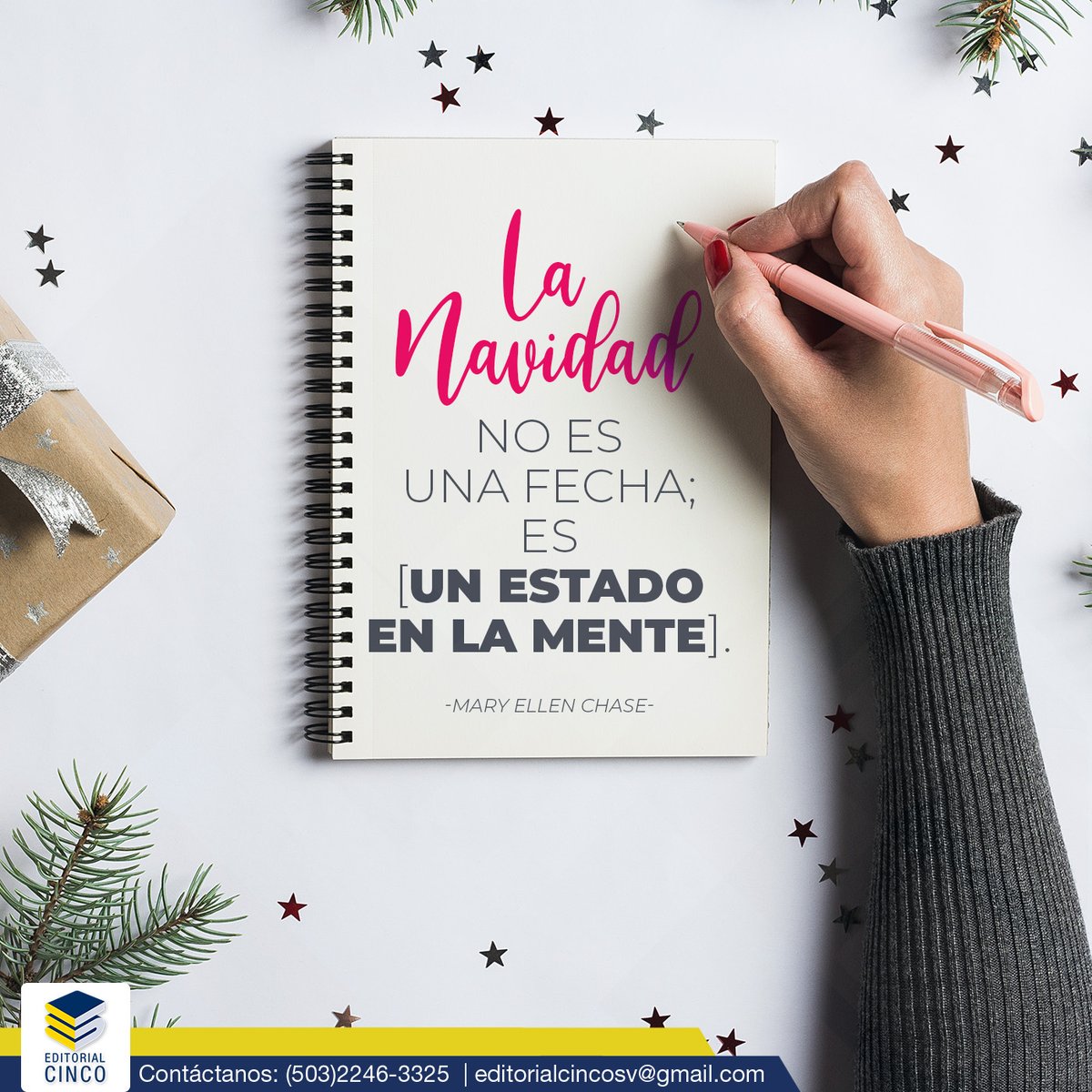 EditorialCinco's tweet photo. La Navidad no es una fecha; es un estado en la mente. (Mary Ellen Chase)
***
Contáctalos: editorialcincosv@gmail.com
WhatsApp: (503) 7602-0388
#editorial #libros #noviembre #leeunlibro https://t.co/dx7AiFn6So
