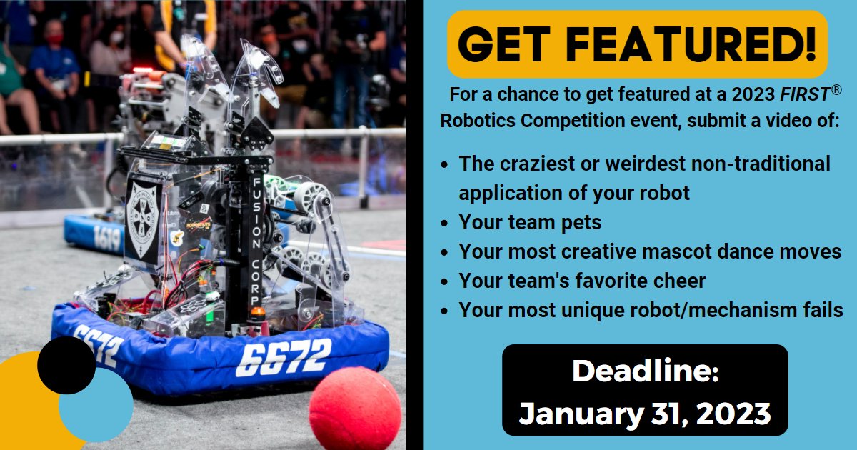FRCTeams's tweet photo. Does your robot dance? Does it jiggle, jostle, and prance? We want to share it with the world! Submit a video of your bot doing something non-traditional for a chance to be featured at an event this season: https://t.co/bKE4idM63B #CHARGEDUP #FIRSTENERGIZE https://t.co/tERpighUBM