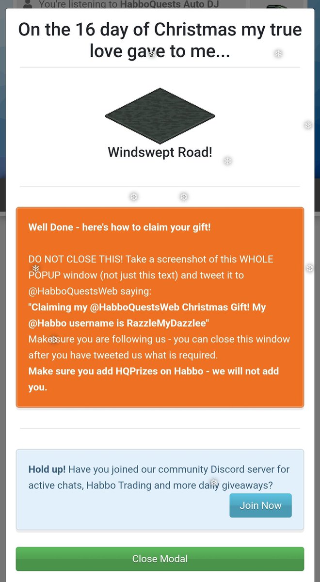 Claiming my <a href="/HabboQuestsWeb/">HabboQuests.co</a> Christmas Gift! My 
<a href="/Habbo/">Habbo</a> username is RazzleMyDazzlee