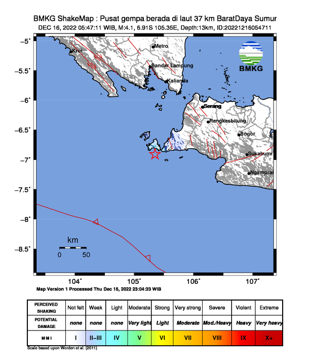 infoBMKG's tweet photo. #Gempa (UPDATE) Mag:4.1, 16-Des-22 05:47:11 WIB, Lok:6.91 LS, 105.35 BT (Pusat gempa berada di laut 37 km BaratDaya Sumur), Kedlmn:13 Km Dirasakan (MMI) II-III Sumur, II Lebak #BMKG https://t.co/XnRBxtIoQZ
