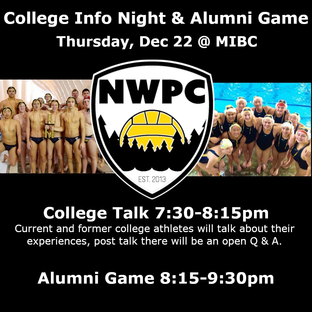 Join NWPC Dec 22nd to learn about college water polo with guest speakers from Stanford, Indiana University of Pacific, Redlands, Occidental, Wagner and more. 

All current &amp; former Northwest players are welcome to hop in for the alumni game!

#gonwpc #collegewaterpolo