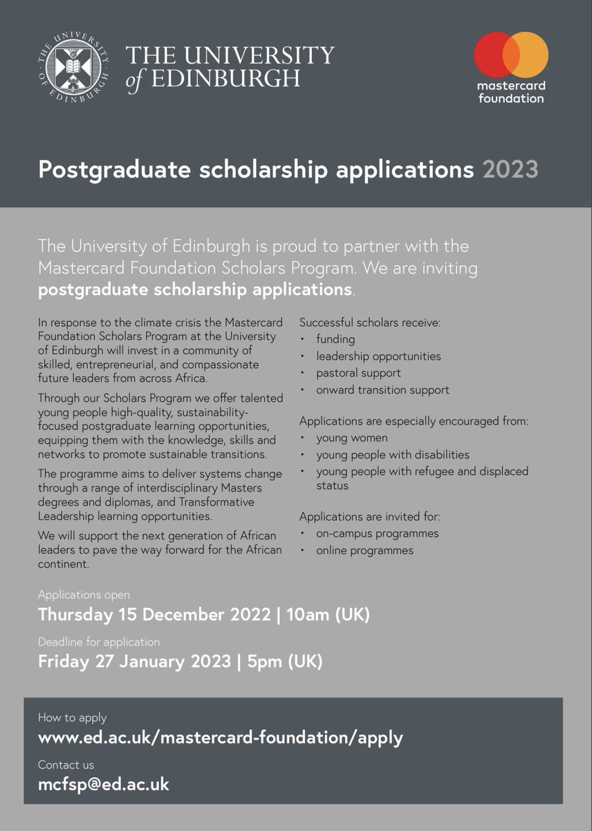 Ijesha_canadian's tweet photo. Applications are now open for applicants to apply for 2023/24 postgraduate online and on-campus MCF scholarships at the University of Edinburgh. Details in the flyer below. https://t.co/Gq7iOtMXG1