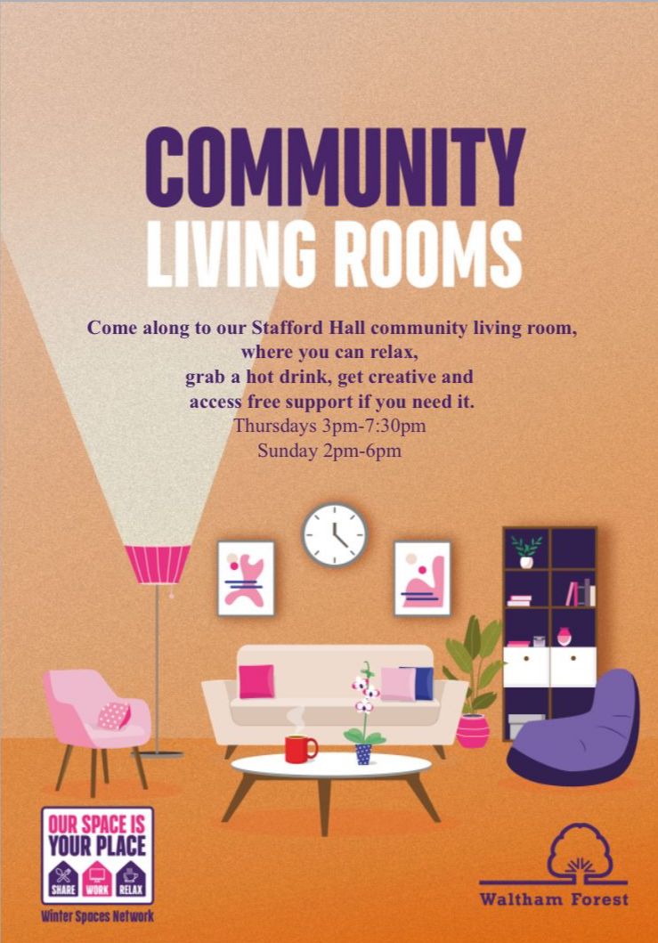 QBC_E17's tweet photo. Come get warm, have free hot drinks, relax, be creative, play games, get support in our cosy #CommunityLivingRoom 2-6pm in Stafford Hall, St Barnabas Road, today & every Sunday.
#Walthamstow #E17 #WarmBank #WarmSpace #WinterSpaces with @E17StBarnabas funded by @WFcouncil https://t.co/oCvkkzd5bW