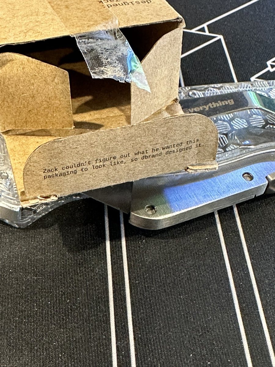 kylekwiedacz's tweet photo. Got my @ZacksJerryRig utility knife and found this Easter egg on the box flap, which made me wonder if the other flap also had something… https://t.co/Kq2tgyowT5