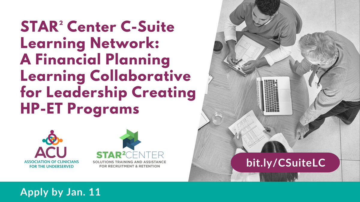 STAR2Center's tweet image. All #healthcenter C-Suite leadership team members are invited to join our six-part learning collaborative focused on strategically planning for &amp;amp; investing in Health Professions Education &amp;amp; Training programs. Apply by Jan. 11: bit.ly/CSuiteLC

#HPET