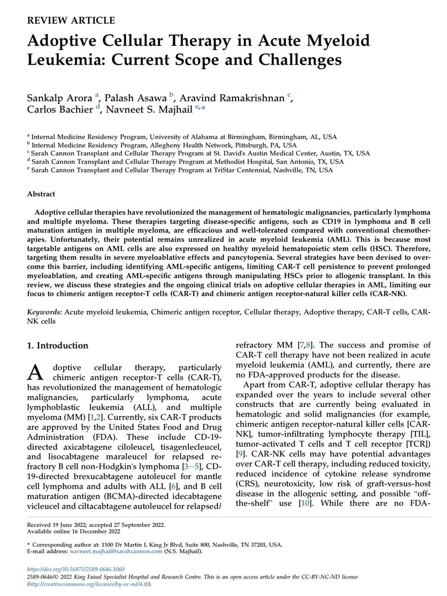 Hot off the press🔥
Our review discussing current scope and challenges in adoptive #celltherapy for AML is now out in <a href="/HOSCT_Journal/">Hematology/Oncology and Stem Cell Therapy</a> 

Full text link: hosct.org/hematology-onc…

@BldCancerDoc <a href="/ARamakrishnanMD/">Aravind Ramakrishnan</a> <a href="/palashasawa/">Palash Asawa, MD</a> 

#leusm
#AMLsm 
#CARTcell 
#MedTwitter 
<a href="/uabimres/">UAB Tinsley Harrison IM Residency</a>