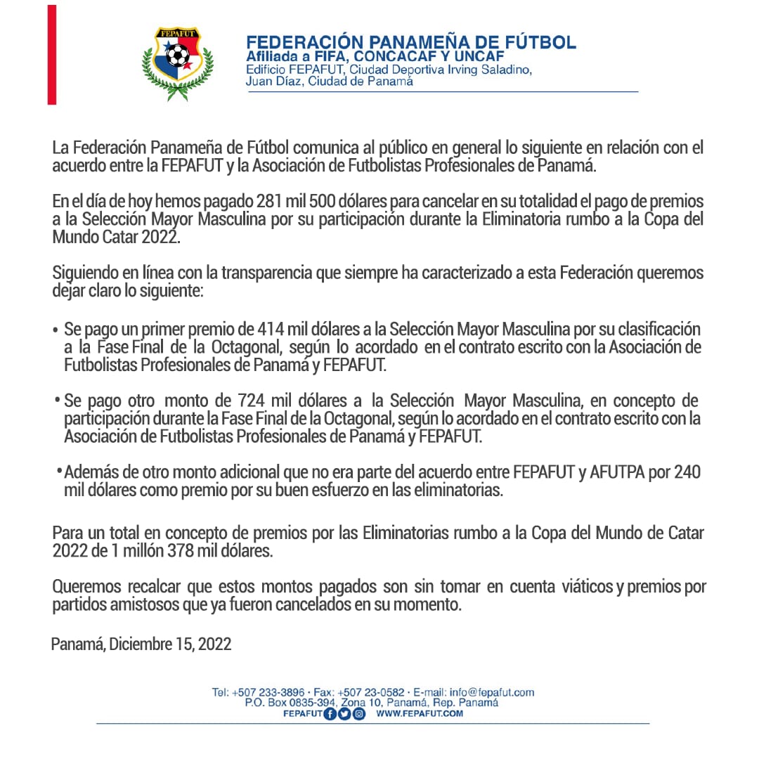 Responde la <a href="/fepafut/">FEPAFUT</a> ⚽

La <a href="/fepafut/">FEPAFUT</a> comunicó que hoy jueves canceló en su totalidad el pago de premios a la Selección Mayor Masculina por su participación en las pasadas eliminatorias mundialistas. 

#CentralDeportes