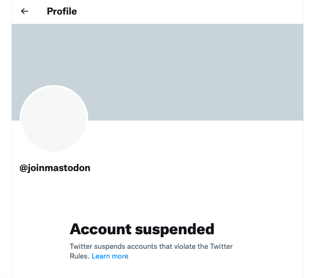 newsguyusa's tweet photo. The official @joinmastodon account suspended by #Twitter. https://t.co/r4lcI5DHex