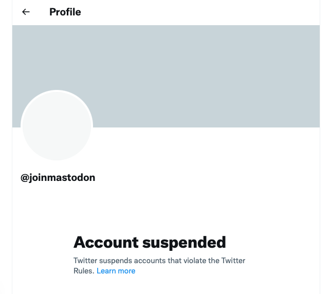 The official @joinmastodon account suspended by #Twitter.