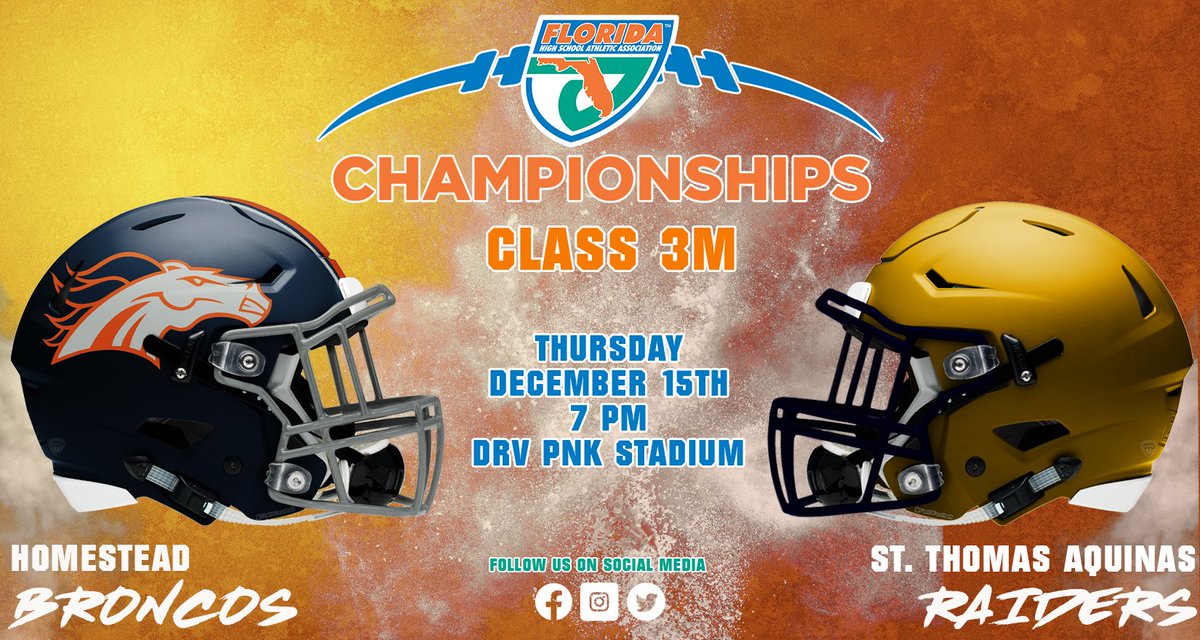 FHSAA's tweet photo. #FHSAA #Class3M๐#StateChampionship ๐
@HSHBroncos vs. @STA_Football
๐Fort Lauderdale, FL
๐๏ธDRV PNK Stadium
โ๏ธ7pm EST
๐๏ธhttps://t.co/beUKuNlTwT
๐ปhttps://t.co/w3R9Ilgi3u
๐https://t.co/o1I52NokQb
๐ฐhttps://t.co/Q351sk7JAW https://t.co/AbUWZe57Es