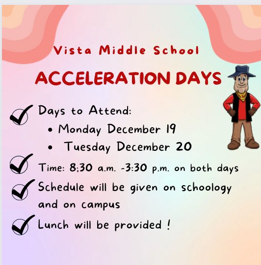 vistamiddle's tweet photo. ✨Vista Middle School & Magnets 🤠hosting #AccelerationDays!! Dec 19 (Mon) ✅ Dec 20 (Tues) ✅ #Learning #Acceleration 📚📓📝 https://t.co/Nhopcn17mM @mspdamonte @VistaMagnets @LASchoolsNorth @Kelly4LASchools @PanoramaCOS @LASchools https://t.co/oFNXIdfiWw