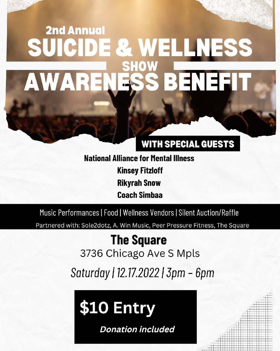 Suicide Prevention Awareness at The Square on Saturday featuring NAMI Minnesota:
Music Performances | Food | Wellness Vendors | Silent Auction/ Raffle.
Partnered with Sole2dotz.
Looking forward to having you present and continuing our building of the community!