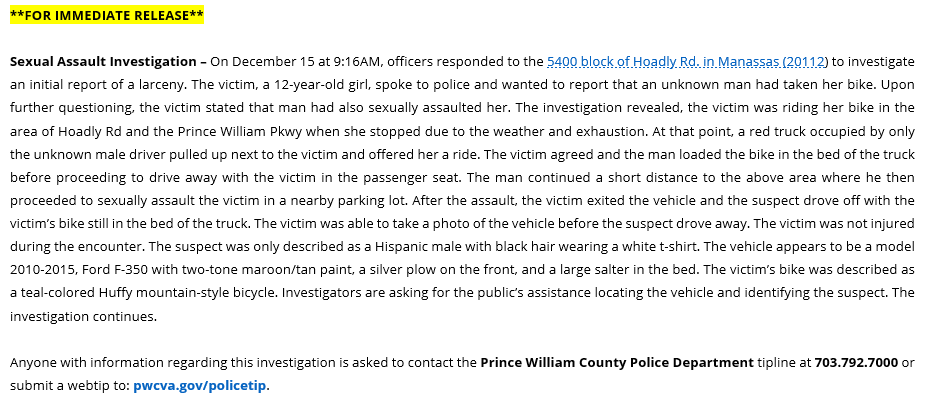 PWCPolice's tweet photo. *FOR IMMEDIATE RELEASE: #PWCPD is investigating the sexual assault of a 12-year-old girl that occurred in the 5400block of Hoadly Rd in #Manassas on Dec. 15 around 9:16am. Anyone with information is asked to contact police. A picture of the suspect vehicle is attached. More info; https://t.co/ML0VoBsoVT