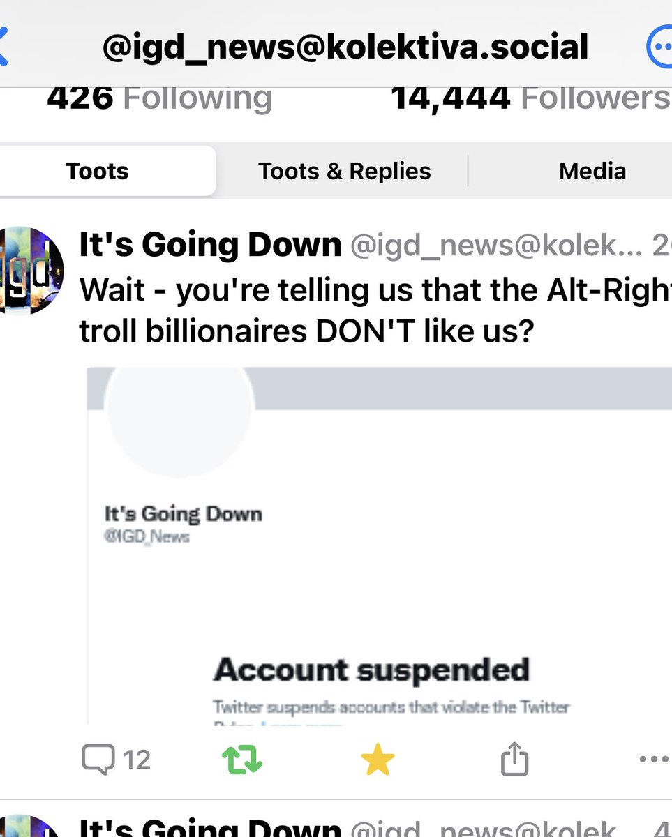 jackhutton's tweet photo. Musk is an authoritarian. Suspended IGD_News โ find them on #mastodon @igd_news@kolektiva.social #igdnews #igd_news #FreeSpeech #twitterdying #emperormusk https://t.co/fi6nwIIKTy