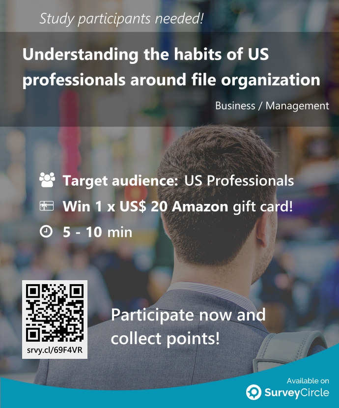 SurveyCircle's tweet image. Participants needed for top-ranked study on SurveyCircle:

&quot;Understanding the habits of US professionals around file organization&quot; surveycircle.com/69F4VR/ via @SurveyCircle

#DigitalAssetManagment #marketing #sales #saas #FileOrganization #business #sur…