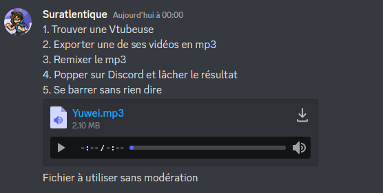 yuwei_art's tweet photo. il s'est passer un truc WTF sur mon discord !
Cette personne est arriver et à mis un remix de ma voix de certains de mes clips et est Partie !
je suis sur le Cul
honnêtement j'ai trouver ca très drôle mais je sais toujours pas quoi penser MDR
Donc merci je suppose xD 
#vtuberfr https://t.co/9hTGrmj4w5
