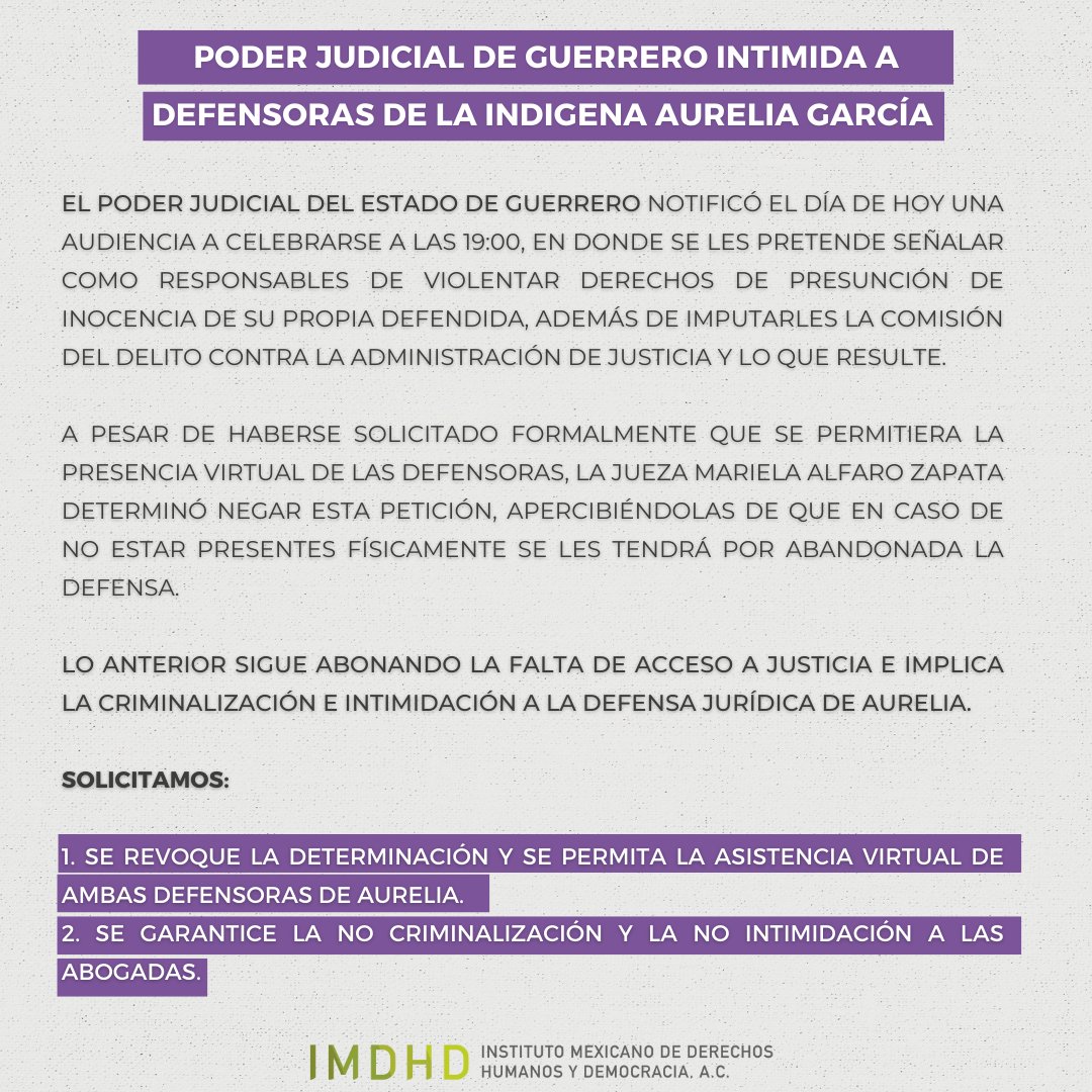 #URGENTE PODER JUDICIAL DE GUERRERO <a href="/PJE_Guerrero/">@Poder Judicial del Estado de Guerrero</a>  INTIMIDA A DEFENSORAS DE LA INDIGENA AURELIA GARCÍA 🛑

🗣️ SOLICITAMOS QUE SE REVOQUE LA DETERMINACIÓN Y SE PERMITA LA ASISTENCIA VIRTUAL DE AMBAS DEFENSORAS DE AURELIA. ⚠
