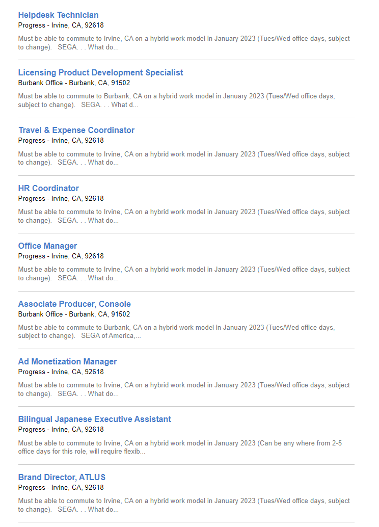 Zack Reese on Twitter "Bunch of new job openings at SEGA Office