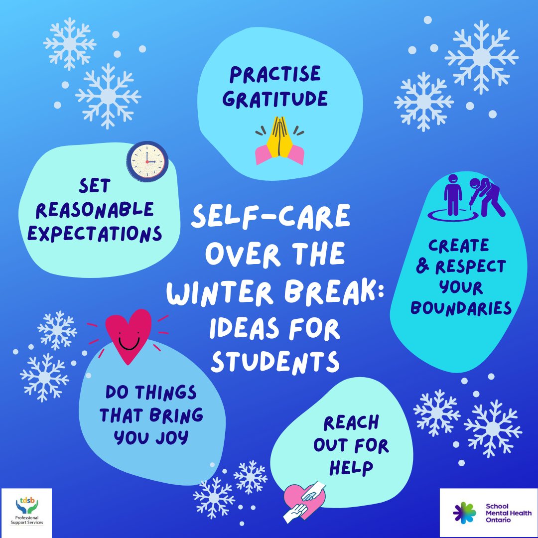 ☃️ The Winter Break can include moments of joy &amp; moments of challenge. For this reason, practicing self-care can be very important during this time. Here are some tips to take care of your mental well-being over the winter break &amp; beyond: 
❄️smho-smso.ca/blog/self-care…