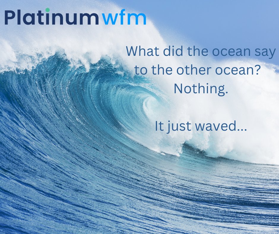 platinumwfm's tweet image. What did the ocean say to the other ocean?

Nothing.  It just waved....

#TGIF #platinumwfm #ContractorRecruitment #BusinessSolutions #ProfessionalContractors #platinumwfm #workfromhome #hybridworking #businesswayofthefuture