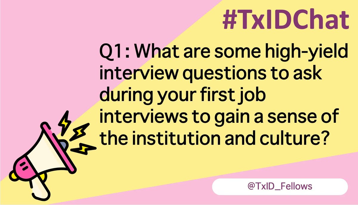 TxID_Fellows's tweet photo. Q1/ (please reply A1)
#TxIDChat

What are some high-yield interview questions to ask during your first job interviews to gain a sense of the institution and culture?

#TxID #IDTwitter

@AST_IDCOP @PergamIC @MichaelGIsonMD @RicardoLaHozMD @GermHunterMD @transplantID @ID_fellows https://t.co/jv7LBf9OR3