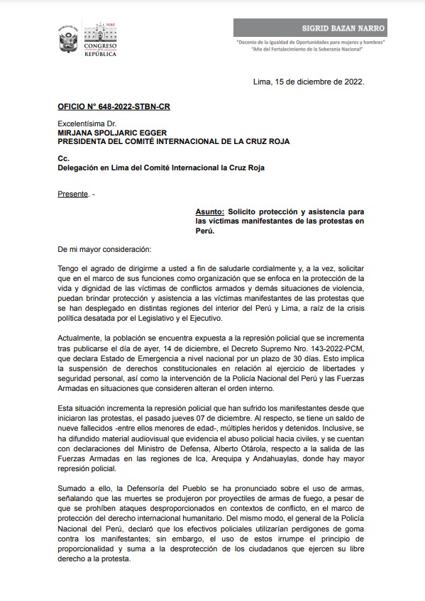 sigridbazan's tweet photo. He oficiado a la Comité Internacional de la Cruz Roja, para que brinde protección y asistencia a las víctimas de la brutal represión policial y militar. No podemos permitir que se siga atentando contra compatriotas que alzan la voz reclamando contra el Congreso y la Sr. Boluarte. https://t.co/TLb1GWPynM