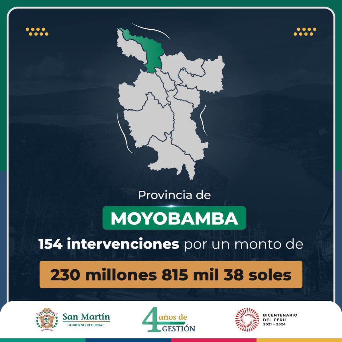 GobSanMartin's tweet photo. #4añosdegestión 🏅| Presentamos los logros destacados de los 4 años de gestión del gobernador regional, @VargasBogarin en la provincia de Moyobamba. 

#gestion #logros #provincia #moyobamba #sanmartin https://t.co/wsslGBWR0O