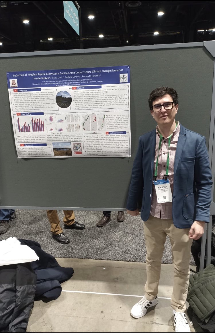 Nuestro estudiante de Doctorado en Ciencias Naturales Kristian Rubiano @fcn_ur presenta en #AGU2022 su trabajo “Reduction of Tropical Alpine Ecosystems Surface Area Under Future Climate Change Scenarios” 🥳 Desarrollado  con <a href="/ferjaraHydro/">Fernando Jaramillo</a> <a href="/Stockholm_Uni/">Stockholm University</a>
