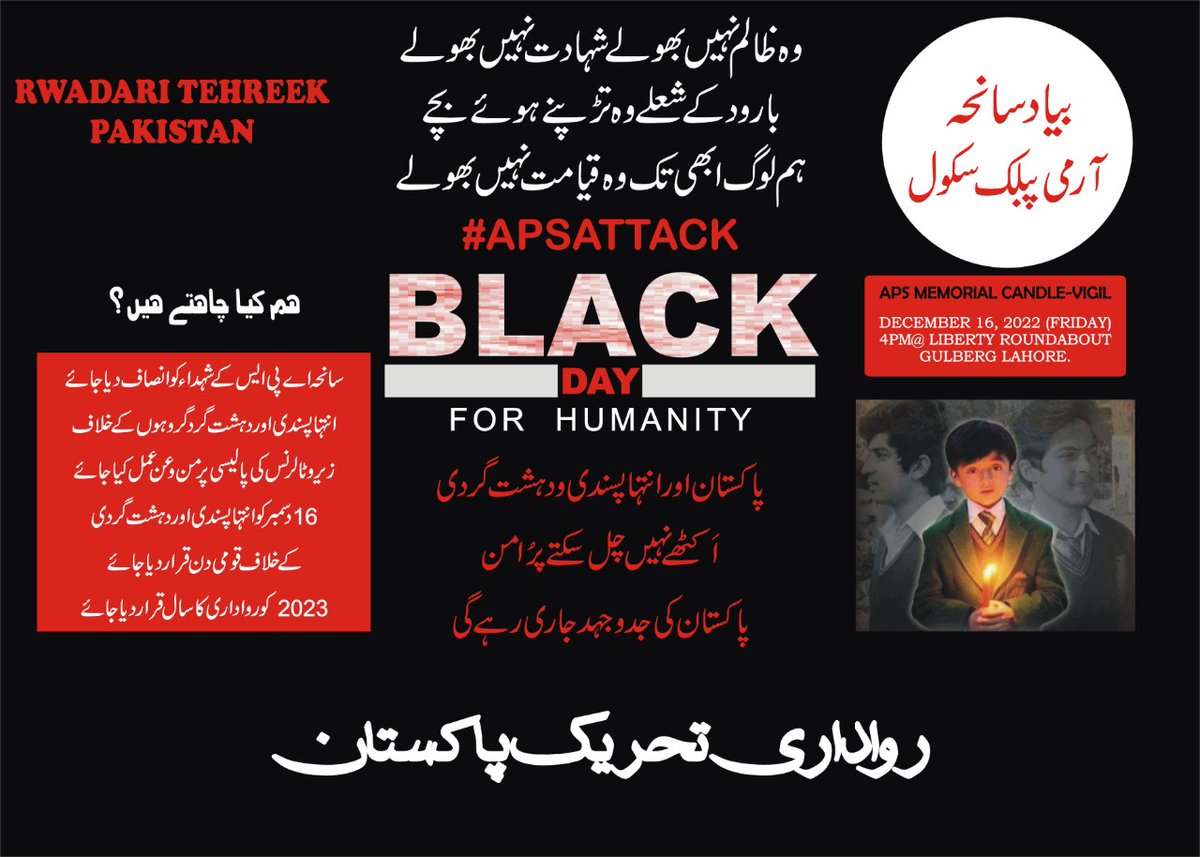 SamsonSalamat's tweet photo. 8 years to APS Massacre! Candle-vigil in memory of APS Martyrs- apprehend the terrorists, No negotiations & No amnesty to killers. Justice delayed is justice denied. #APSmassacre #JusticeForAPS #NoToTerrorism #NoToExtremism #RwadariTehreek https://t.co/Zh2i6YbKgK