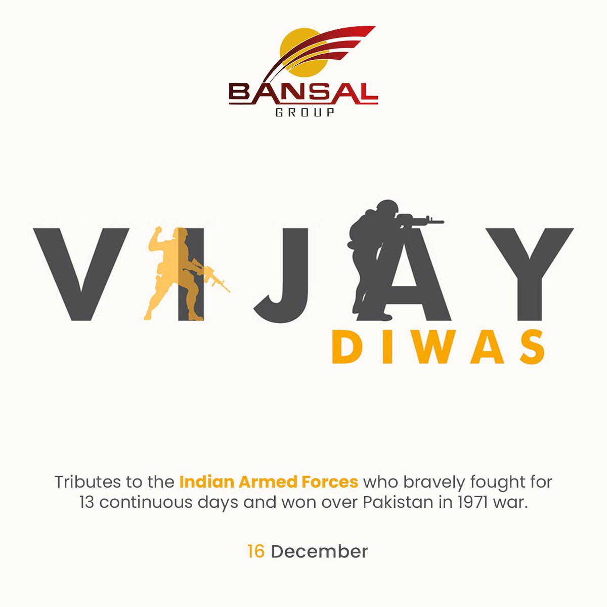 BansalGroup_'s tweet photo. As we celebrate 51 years of Vijay Diwas, let us salute and pay homage to our Indian Army who brought us the victory in 1971 war against Pakistan. It was the biggest surrender after world war II...
.
#BansalGroup #VijayDiwas #India #JaiHind #Bharat https://t.co/wXhMYuIdDi