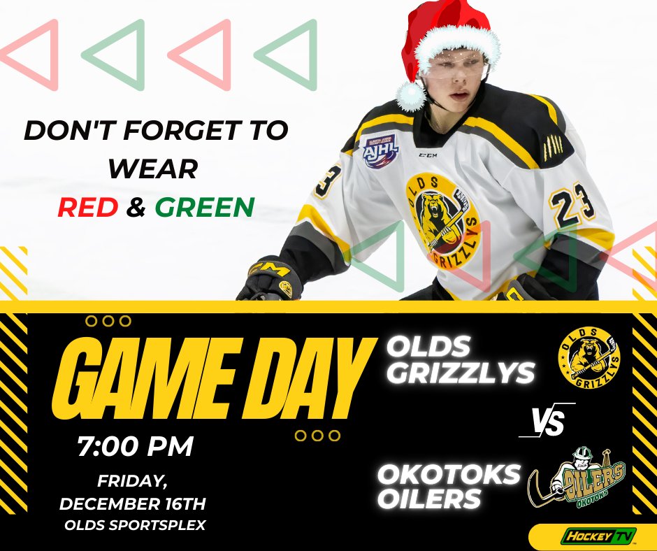 GrizzlysAJHL's tweet photo. 🐻GAMEDAY🐻

Wear Red &amp; Green

⏰ 7:00pm PM
🆚 Okotoks Oilers @OkotoksOilers
📍 Olds Sportsplex
📺 https://t.co/NnVRTjVlL0

You #AJHL #GoGrizz #RedGreen https://t.co/w5cZvGRIUm