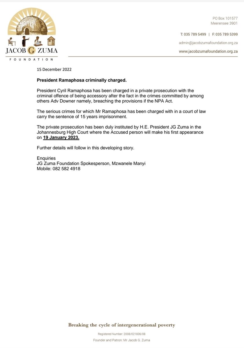 Did CR17 see this one coming? By the way private prosecutions are valid in terms of the Criminal Procedure Act 51 of 1977 and on that basis Zuma pulls out a last minute strike in unprecedented party lawfare, charging president. Let's sit and watch how courts stampede on this one