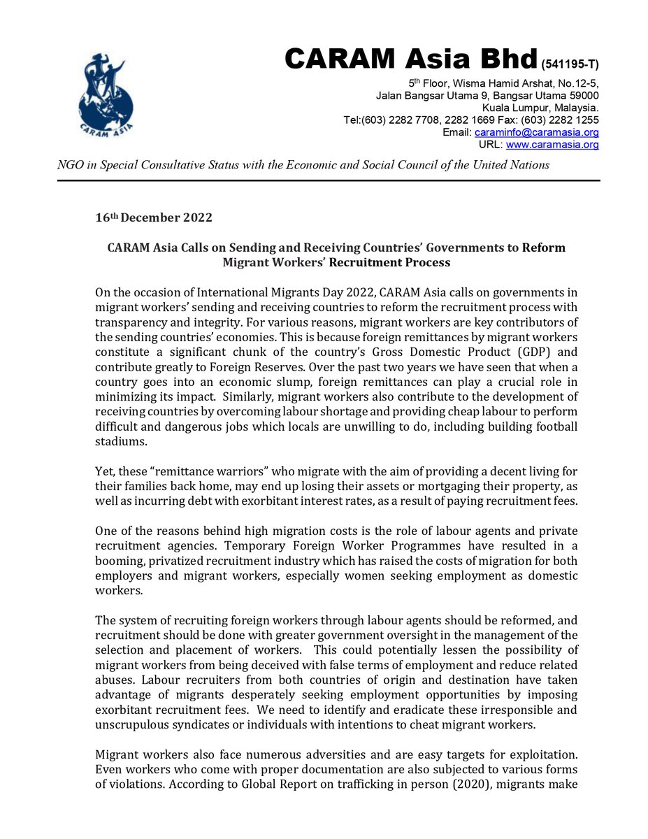 CaramAsia's tweet photo. CARAM Asia has released statement on the occasion of International Migrant's Day 2022 https://t.co/ovmLQyXnXT