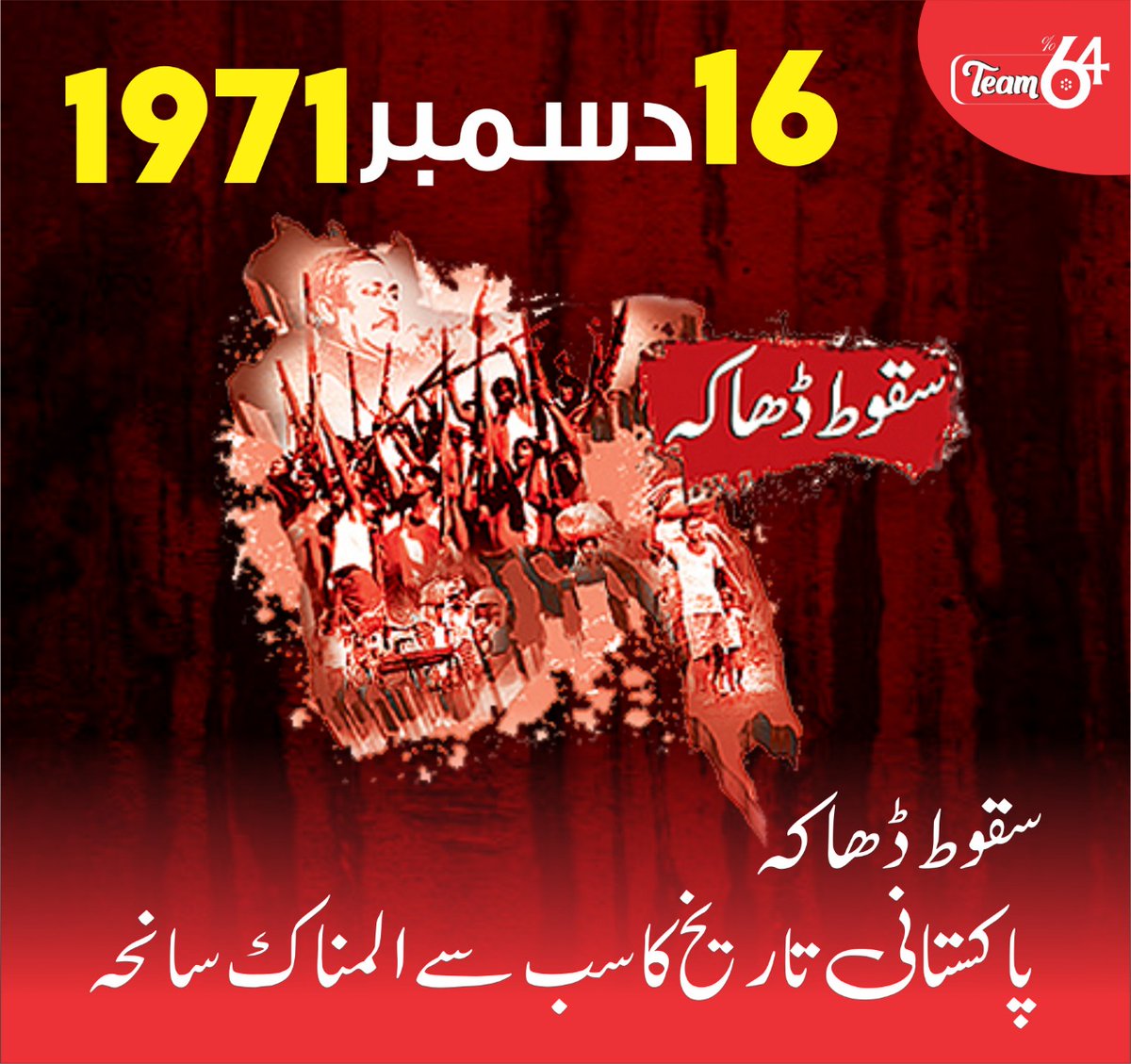 The fall of Dhaka is such a gruesome and painful event that will never be forgotten. We as a nation feel the pain of the unfortunate event of #Dhakafall even after decades. 
#ایک_اور_16دسمبر