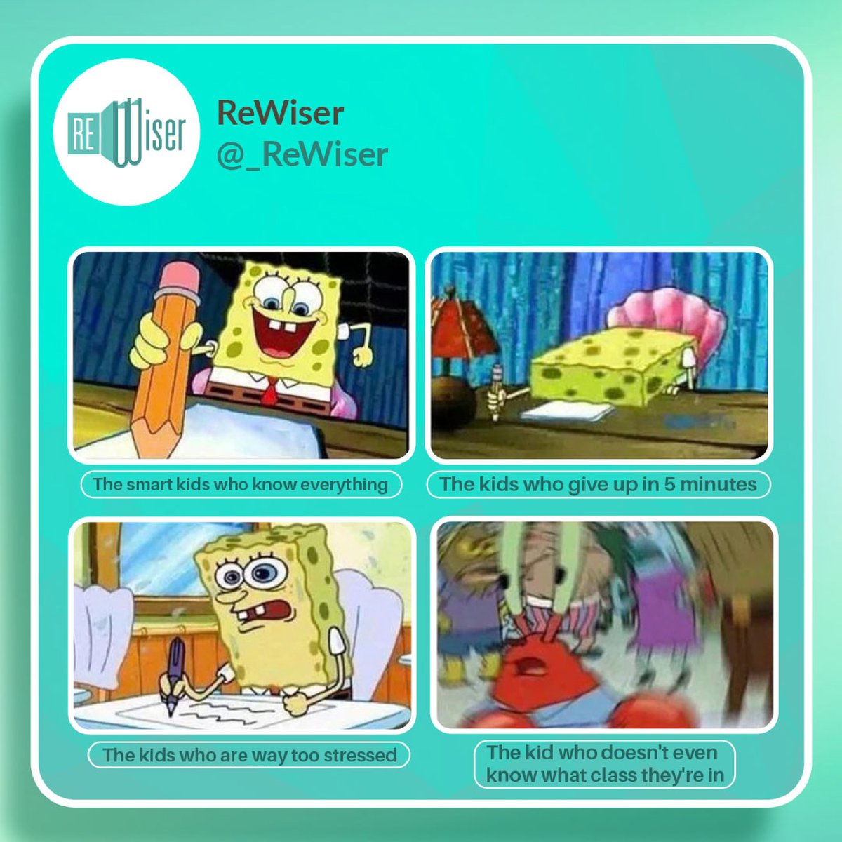 _ReWiser's tweet image. Types of students taking tests.
.
.
#rewiser #Ibclasses #satexam #satpreparation #satprepclass #actexam #apexam #apexams #igcsepreparation #ibschool #ibschools #ASLevel #ALevel #foreignuniversities #studyabroad #meme #memepage #memesdaily #studentmemes #teachermemes #memeoftheday