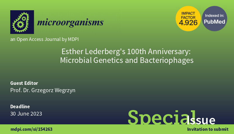 Micro_MDPI's tweet photo. 📡📡📡 New Special Issue in #Microorganisms

Prof. Dr. Grzegorz Wegrzyn is leading this Special Issue "#Esther #Lederberg’s #100th #Anniversary: Microbial Genetics and #Bacteriophages" in our journal!

Welcome to the website: https://t.co/s04Zubx46r and submit your publications! https://t.co/1QovJ4Nxiw