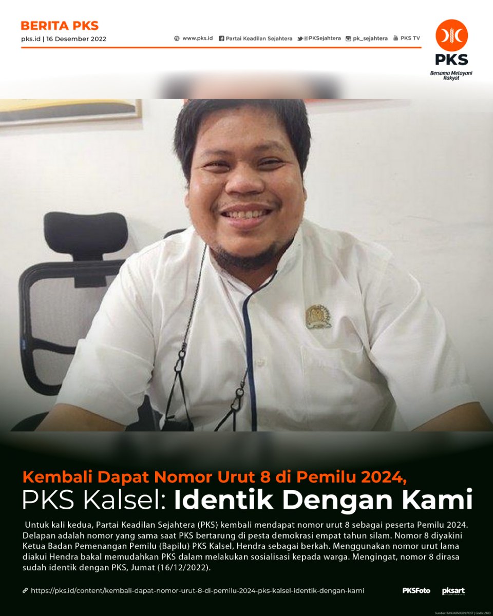 PKSejahtera's tweet image. "Menggunakan nomor urut lama (delapan) akan memudahkan PKS dalam melakukan sosialisasi kepada warga. Mengingat nomor 8 dirasa sudah identik dengan PKS." ~ @Ehenmaru @pkskalsel

pks.id/content/kembal…