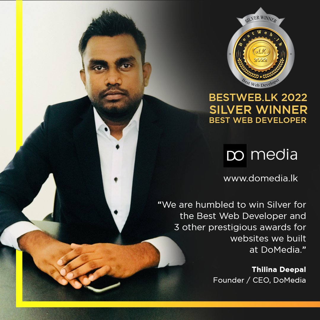 BestWebLK's tweet image. Thilina Deepal, Founder/Chief Executive Officer, DoMedia expressed his thoughts about receiving Silver Award for the Best Web Developer at BestWeb.LK competition.
Visit bestweb.lk for more details.
#BestWeb2022Winner #BestWeb2022 #BestWebLK