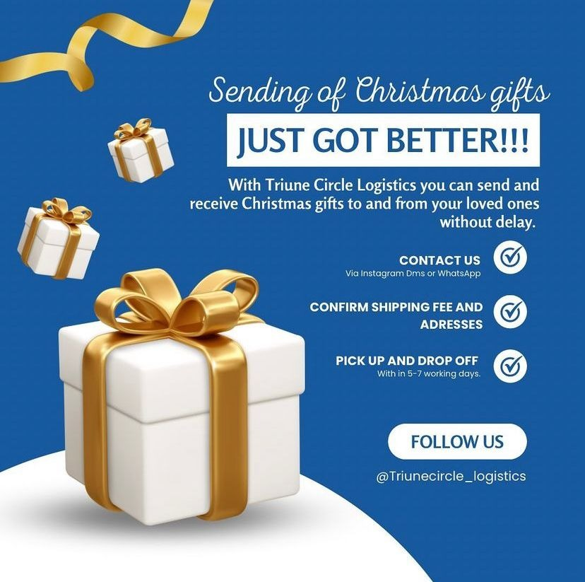 Triunecircle's tweet photo. Are you still worried about how to send Christmas gifts to your loved ones living abroad?

Worry know more because @triunecircle  has got you covered.

Send a Dm and let’s get started on sending your gifts! https://t.co/p8eBnDGsCw