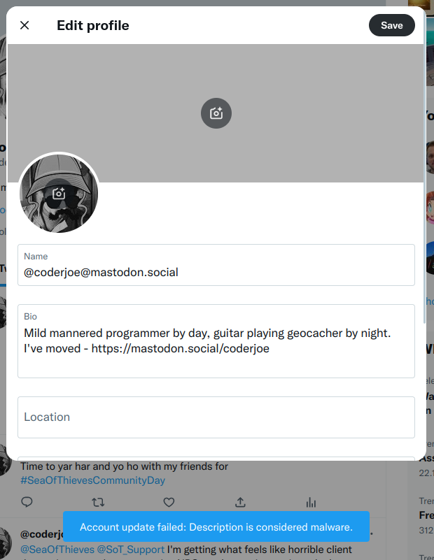 coderjoe's tweet photo. Just to capture what I'm seeing - if I try and post anything or update my description I get the following error. Given how many instances have similar problems this is not a mistake. https://t.co/sj6AOixMIO
