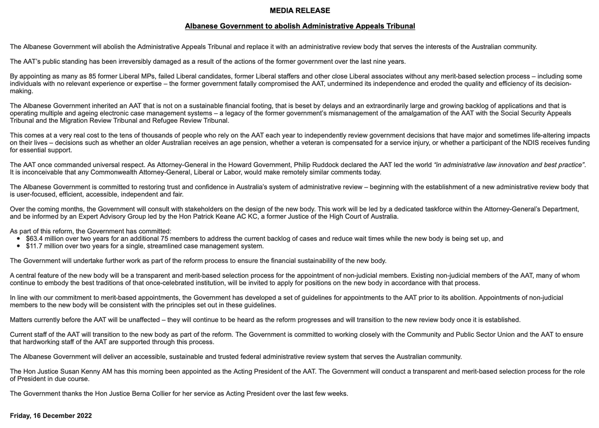 CaseyBriggs's tweet photo. #breaking the government is abolishing the AAT and replacing it with a new organisation

"A central feature of the new body will be a transparent and merit-based selection process for the appointment of non-judicial members." https://t.co/d6iNtb3YFR