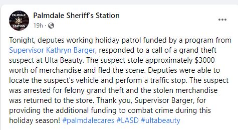 kathrynbarger's tweet photo. Glad to see the discretionary funds I've provided to @LASDHQ so more #LASD patrols can fight holiday crime -- for a second year in a row -- is having good results! Thank you @PalmdaleSheriff for sharing this good news yesterday evening. #KeepCommunitiesSafe https://t.co/p8NEWZT3Nw