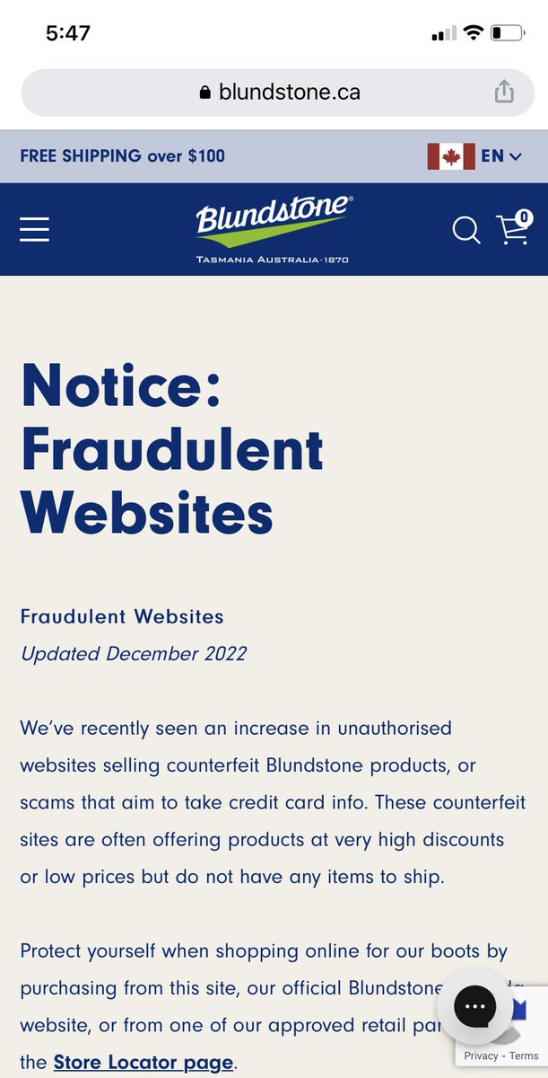 mikewoodottawa's tweet photo. Pls RT!

There was an ad on FB advertising @blundstoneca boots at 70%. The address is https://t.co/8rr8VD9Xfy.

I found the website to have been registered in China.

The SM links go to the actual Blundstone page.

This is a scam. This on the Blundstone page. Be careful #Ottawa https://t.co/qQfpUsi2nB