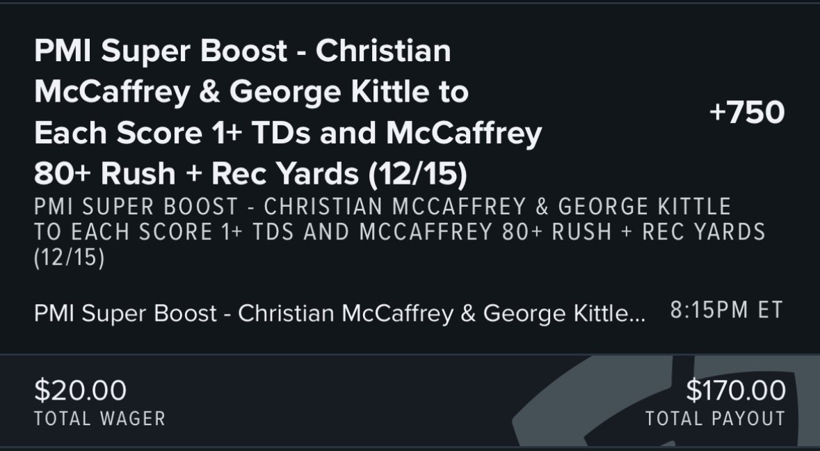 TheSS3024's tweet photo. 67 scrimmage for yards CMC in the first quarter alone need him to get 13 yards and touchdown for the super boost to hit  #PMISuperBoost https://t.co/ipkcoPxqYV