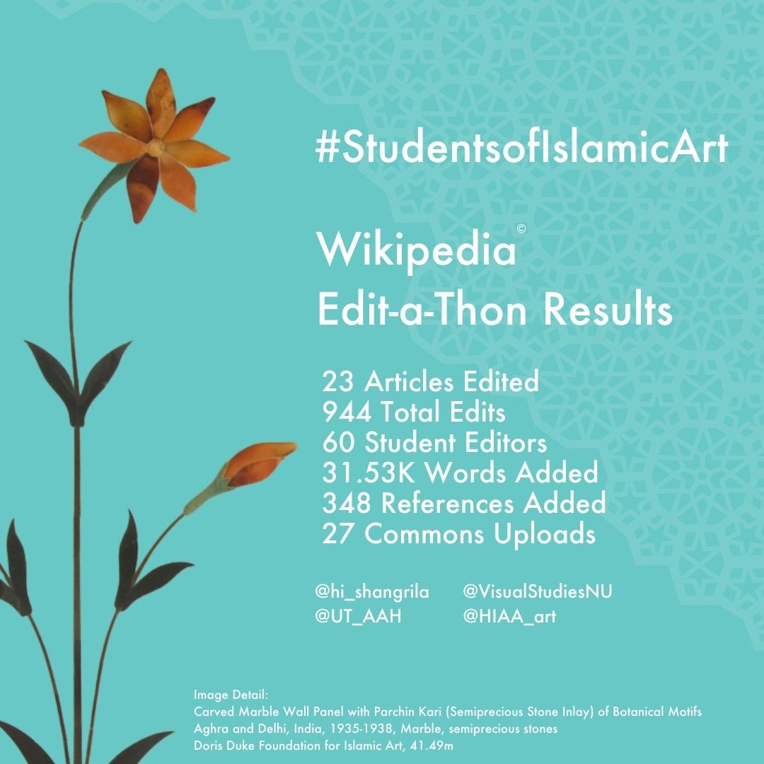 ICYMI The results are in! Check out the impact #studentsofislamicart <a href="/wikipedia/">Wikipedia</a> Edit-a-thon had this year! Thank you to students at <a href="/ut_aah/">UT Art & Art History</a> and <a href="/VisualStudiesNU/">VisualStudiesNortheastern</a> for editing and expanding under-represented articles about Islamic art and architecture on <a href="/wikipedia/">Wikipedia</a>.