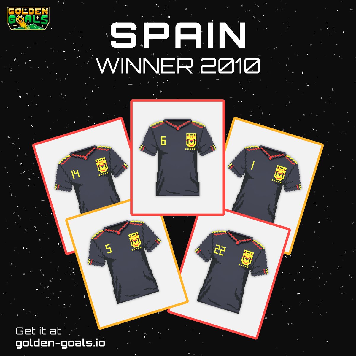 In the final of South Africa 2010🇿🇦, #ESP vs. #NED, 124 intense minutes were played, where at minute 116 Spain scored the only goal of the match, thus managing to lift the world cup for the first time.

👕 Get them at golden-goals.io

#WorldCup #NFT #goldengoals #Spain