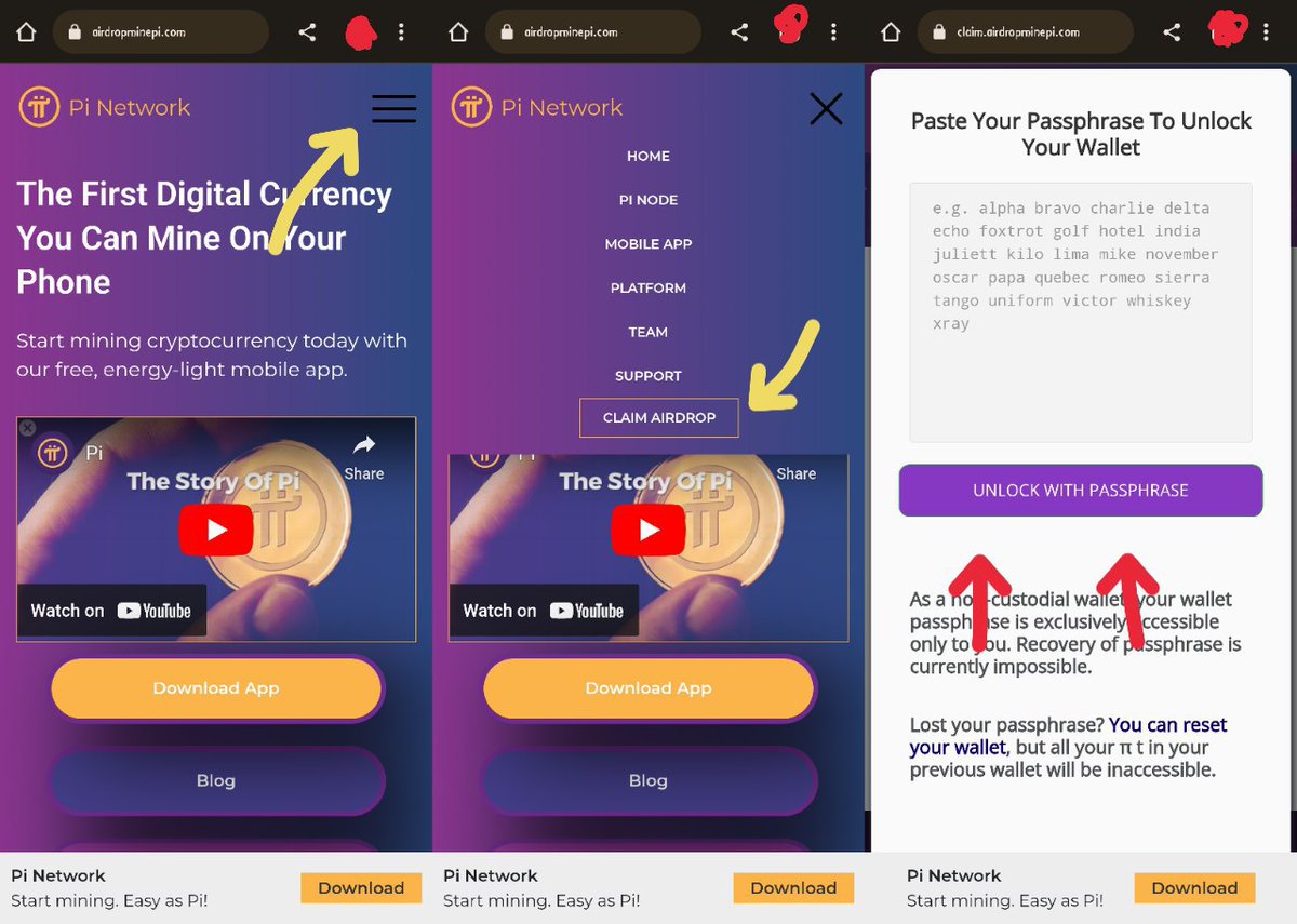 Tokenized99's tweet photo. Pioneers! Beware of this website. This is not the real #PiNetwork website! The "Claim Airdrop" button and asking you to paste your passphrase are Red Flags ⚠️🚨 RETWEET ❤️ @ShibuKGeorge09 @jatingupta0003 @STFoo3 @jamila_go  @AnthonyRyanDeJ1 @BlackBlade2 @kcryptoinvest https://t.co/IkFCo4bMaS