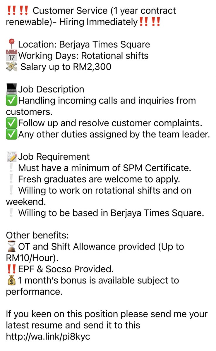 Hi everyone! I am looking to hire for below position. Anyone interested can just whatsapp me for more details. wa.link/pi8kyc @kerja_kosongMY @kerjakosong123 @JobVacanciesMY @Oh_KerjaKosong @kerjakosongsa @kerjakosong_my @KerjaKosong_SEL